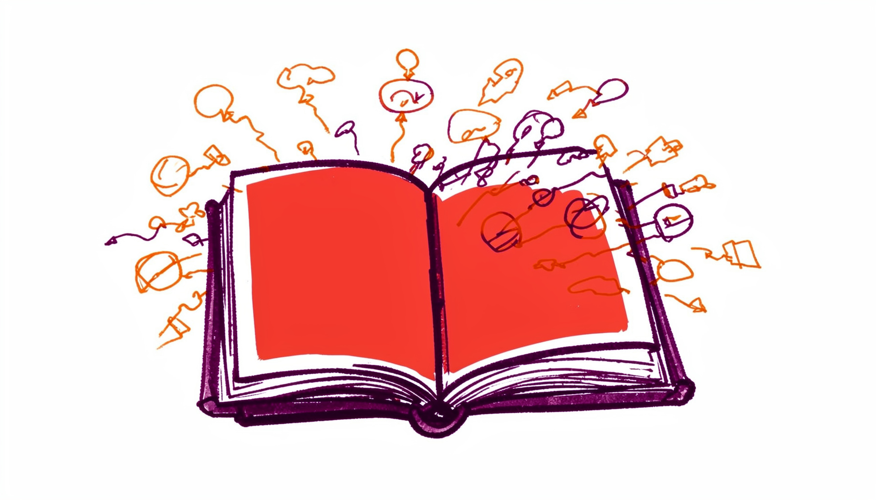 A hand-drawn ink illustration of an open notebook with scribbled ideas spilling outward, rendered in deep plum and warm orange ink