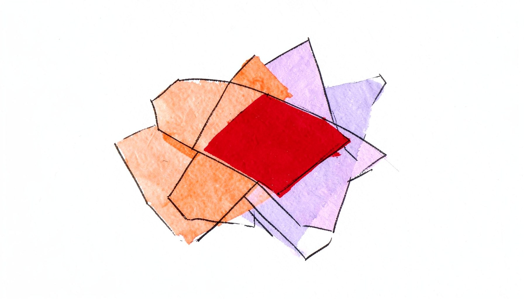 A hand-drawn ink illustration of abstract geometric shapes overlapping in warm coral and soft lavender tones on textured paper
